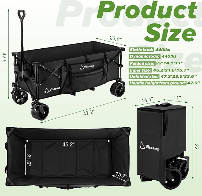 48''L Wagons Carts Foldable - 440Lbs Collapsible Wagon Heavy Duty Black Cart for Camping, Garden, Shopping and Storage - with Wheels and Elastic Rope