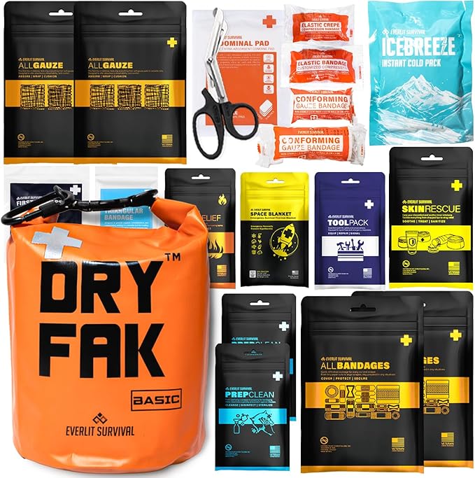 EVERLIT 290 Pc Waterproof First Aid Kit Dry FAK Medical Kit Emergency Survival Kit for Boat, Backpacking, Hiking, Fishing, Travel, Kayaking (Orange)