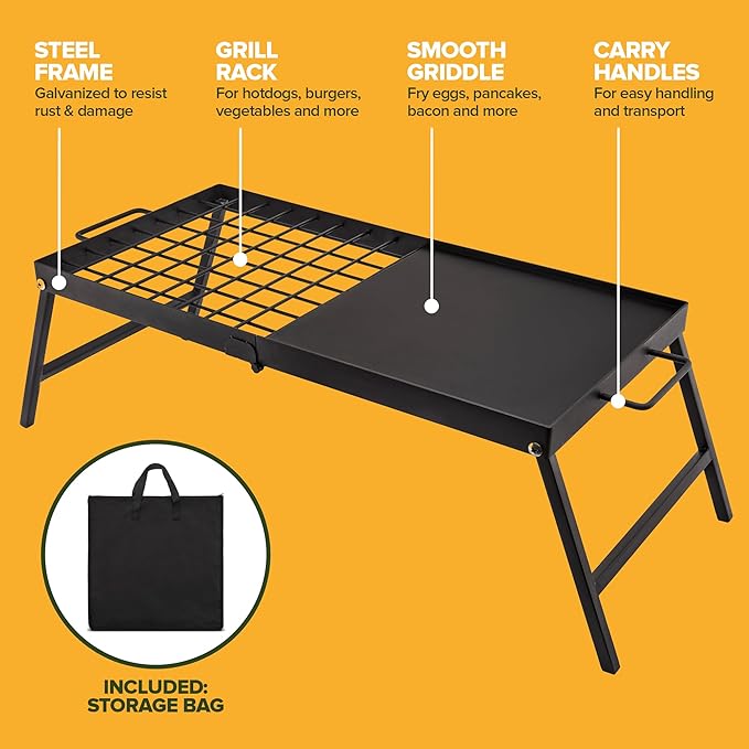 Carbon Steel Foldable Campfire Grill – Portable Grill Grate & Griddle with Large Non-Stick Surface, Sturdy Fold-Out Legs, Compact for Storage, Use Over Fire Pit