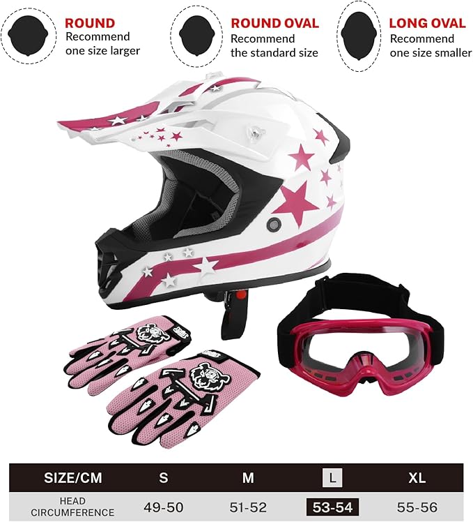 TCT-MOTORPARTS DOT Four Wheeler Girls Riding Helmet Youth Kids Motocross ATV Helmets Offroad Street Dirt Bike Go-Kart BMX MX Full Face Helmet Pink Star Large Size