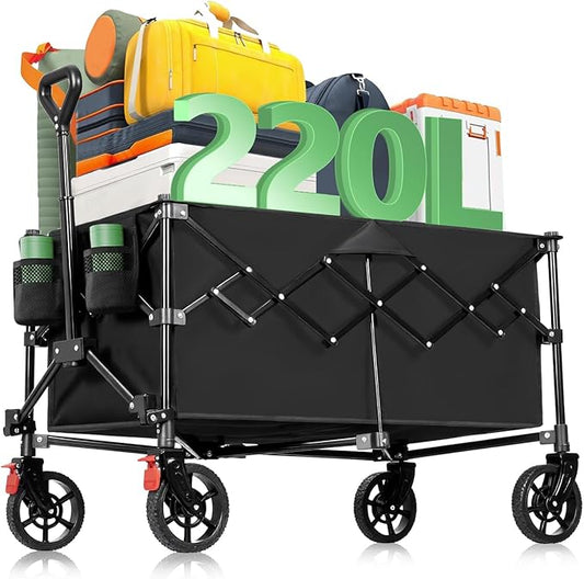 Collapsible Wagon Cart Foldable, 220L Folding Wagon Cart with All-Terrain Wheels, Outdoor Utility Carts with 350lbs Weight Capacity for Grocery Beach Camping Shopping, Black