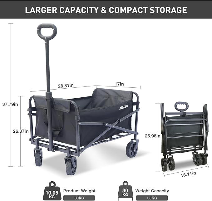 Collapsible Folding Wagon Cart with 5" All Terrain Wheels Heavy Duty Folding Portable Wagon 110L Capacity for Camping, Sports, Shopping Black