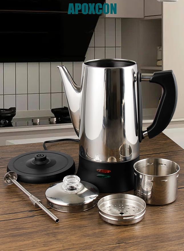 Electric Coffee Percolator Stainless Steel Coffee Maker with Two Heat Resistant Tough Glass Clear Brew Progress Knob Classic Look Keep Warm & Cordless Serving Coffee Pot 12 Cup