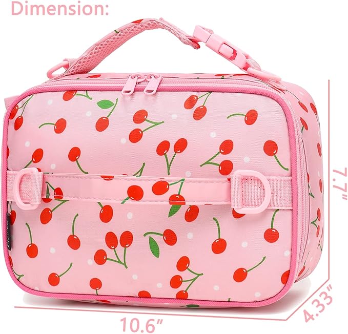 FlowFly Kids Lunch Bag, Durable Insulated School Lunch Box with Shoulder Strap and Bottle Holder, Water-resistant Thermal Small Lunch Cooler Tote for Teen Boys & Girls,Cherry