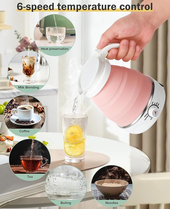 Portable Electric Travel Kettle, 600ml Collapsible Silicone Kettle with Temperature Adjustment Function for Camping, Hotels and Travel