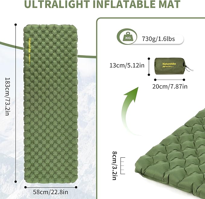 Naturehike 25oz Ultralight Sleeping Pad, Insulated Inflatable Sleeping Pad 4.6R, Lightweight Sleeping Mat for Camping, Hiking, Backpacking, with Air Pump Sack