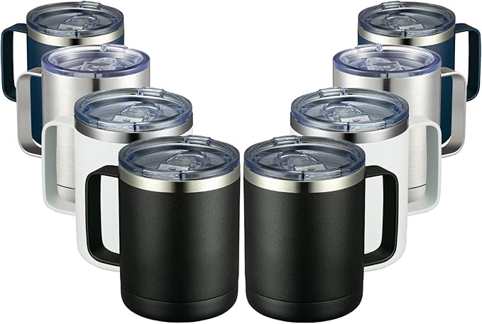 MEWAY 12oz Coffee Mug With Handle 8 Pack Bulk,Stainless Steel Insulated Travel Tumblers With Sliding Lid,Double Wall Vacuum Camping Cup for Hot & Cold Drinks Tea (Multicolor,Set of 8)