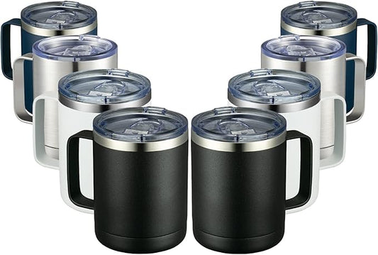 MEWAY 12oz Coffee Mug With Handle 8 Pack Bulk,Stainless Steel Insulated Travel Tumblers With Sliding Lid,Double Wall Vacuum Camping Cup for Hot & Cold Drinks Tea (Multicolor,Set of 8)