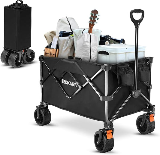 TECKNET Collapsible Foldable Wagon Cart, 150kg/330Lbs Weight Heavy Duty Folding Wagon with All-Terrain Big Wheels, Utility Wagon with Side Pocket for Grocery, Shopping, Sports, Garden, Camping