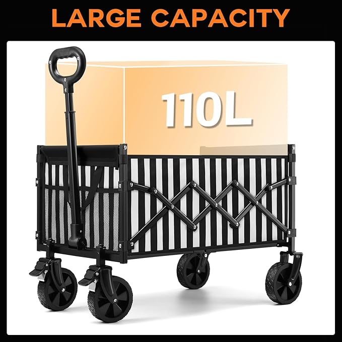 CAMTOP Collapsible Wagon Cart Foldable Wagon Portable Heavy Duty Folding Wagons with Braking Wheels Lightweight Outdoor Utility Wagon for Shopping, Sports, Camping, Garden, Grocery, Beach (Stripes)
