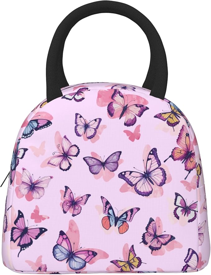 Pink Butterfly Lunch Bag Lunch Box for Women Men Boys Girls, Reusable Insulated Lunch Tote Bag, Leakproof Thermal Cooler Sack Food Handbags High Capacity for Work School Picnic Camping Gifts