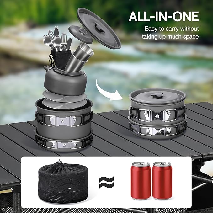 REDCAMP 12/14/15/19 PCS Camping Cookware Mess Kit Camping Gear Campfire Utensils Lightweight Stackable Pot Pan Bowls Soup Spoon with Storage Bag for Camping, Backpacking, Outdoor Cooking, Picnic