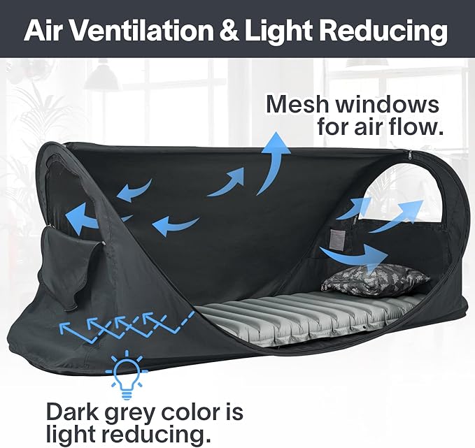 Eighteentek Bed Canopy Office Bed Tents Dream Tents Privacy Space Office Sleeping Tents Indoor One Person Lay Down NOT Sitting Pop Up Portable Frame Curtains Breathable Cottage Grey 79" Lx28 Wx28 H