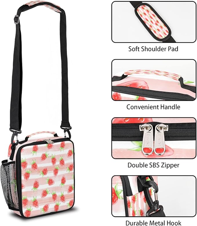 Fruit Strawberry Insulated Lunch Bag Girls,Kids Thermal Meal Cute Pink Stripe Reusable Lunch Box Children Waterproof Back to School Picnic