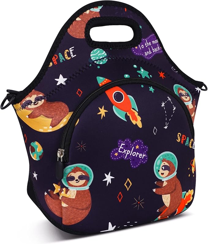Violet Mist Neoprene Lunch Bag Insulated Lunch Bag Tote Cute Large Thermal Lunchbags with Pocket Detachable Adjustable Shoulder Strap Lunchbox Food Handbags Gifts for Women Men Adult, Space Sloth