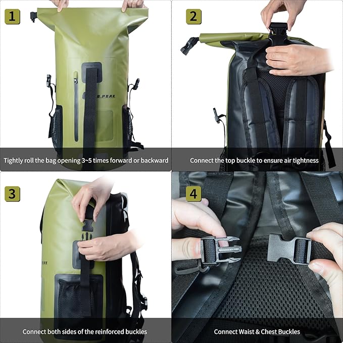 SEPEAK Waterproof Dry Bag Backpack IPX6, Roll-Top Closure Bag 55L Boating & Kayak Accessories - Essentials for Camping Swimming Beach Fishing Rafting Travel,Green