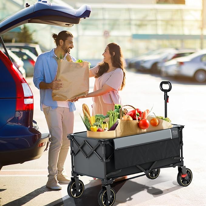 TIMBER RIDGE Collapsible Wagon Cart with Brakes, 200L Large Capacity Compact Portable Easy to Carry Folding Wagon, Utility Grocery Cart for Camping, Gardening, Shopping
