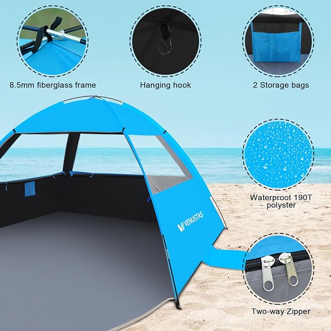 Venustas Beach Tent Sun Shelter for 3-10 Person, UPF 50+ UV Protection Canopy, Lightweight and Easy Setup Cabana, Portable Beach Shade