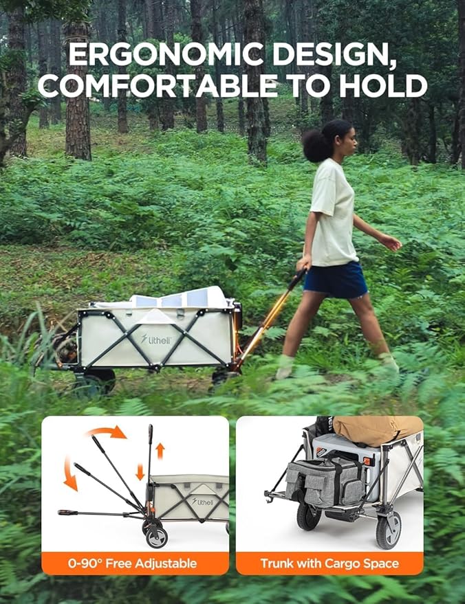 Litheli Electric Collapsible Wagon Cart, 200L Heavy Duty Utility Cart with All-Terrain Wheels, Beach Wagon with Self-Propelled, Variable Speed for Camping, Shopping, Sports, Garden, (1 U-Battery)