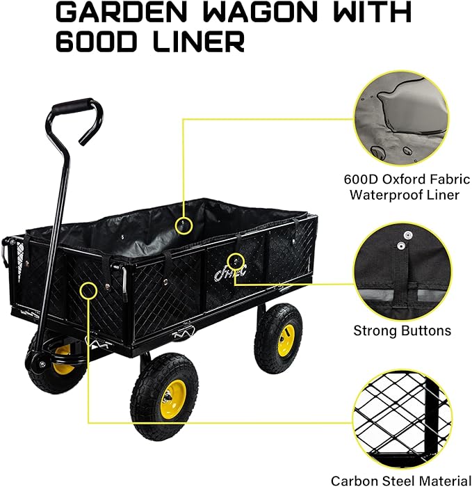 Garden Cart Heavy Duty 300KG Utility Wagon Cart with Removable Black Mesh Sides, Great for Garden, Farm, Yard, Lawn, Deformable Steel Garden Wagon Cart with 10" 3.50-4 Wheels and Oxford Liner