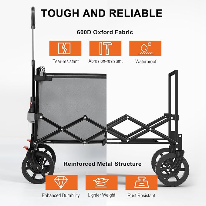 Navatiee 140L Wagon Cart Foldable, Large Capacity Collapsible Wagon with Smallest Folding Design, Utility Grocery Wagon for Camping Shopping Sports, Gray