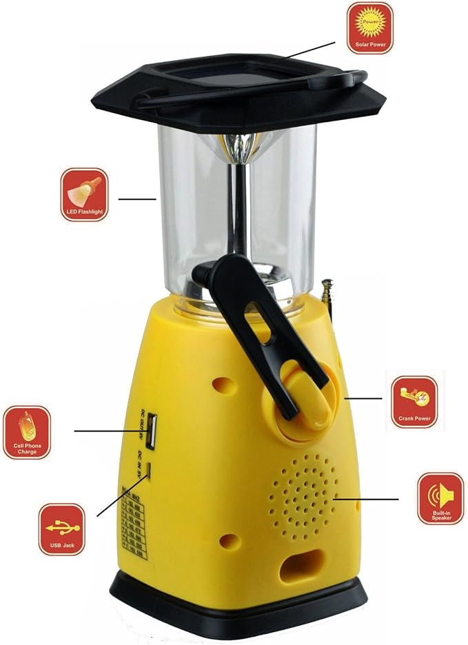 Kaito KA249W Multi-Functional Solar/Wind-up LED Camping Lantern with AM/FM NOAA Weather Radio & Cell Phone Charger, Color Yellow