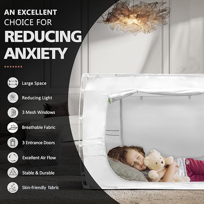 Bed Tent Bed Canopy Twin Size Tents for Adult and Kids- Portable Dream Tent Indoor Sleeping Tents 70% Blackout with 3 Doors Breathable Big Space Tents, White, WZ01-S-White