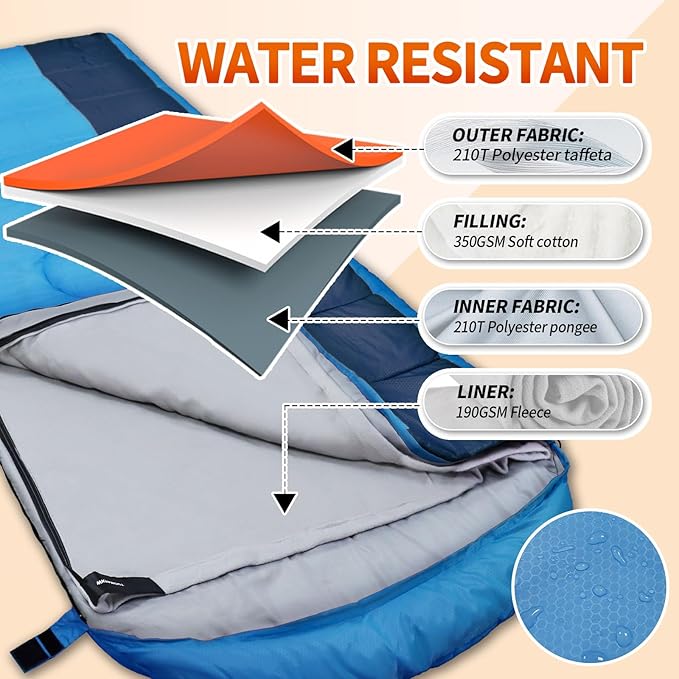 XL 10 Degree Sleeping Bags Waterproof for Adults 350GSM Machine Washable with Compression Sack for 3-4 Season Camping Outdoor
