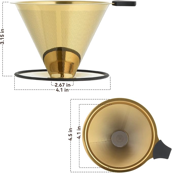 Pour Over Coffee Dripper Filter: Reusable Stainless Steel Coffee Filters - Metal Cone Filter Paperless Single Cup Coffee Maker 1-4 Cup with Double Mesh & Non-slip Cup Stand Gold