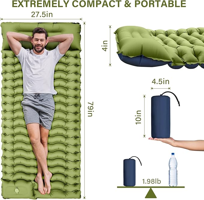 Yuzonc Camping Sleeping Pad, Ultralight Camping Mat with Pillow Built-in Foot Pump Inflatable Sleeping Pads Compact for Camping Backpacking Hiking Traveling Tent