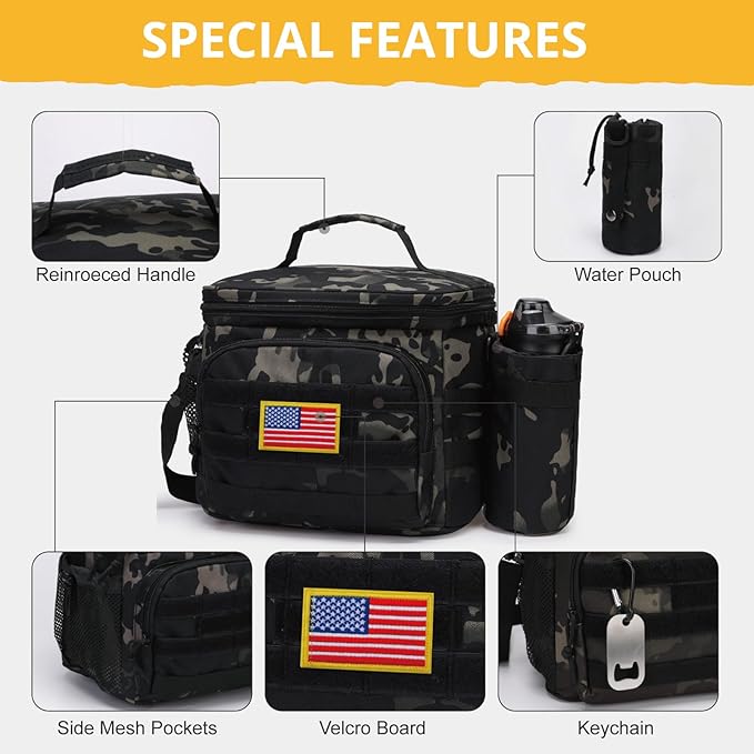 Tactical Lunch Box for Men, Insulated Lunch Bag MOLLE Webbing Leakproof, Cooler Large Lunchbox Women with Adjustable Shoulder Strap Durable, Construction Heavy Duty Lunch Pail, Black Camo