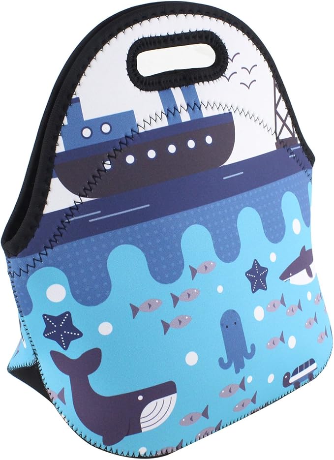 Violet Mist Cute Neoprene Lunch Bag, 11.42"L x 10.43"H x 5.51"W, Anmie Shark Cartoon Print, Lightweight, Eco-Friendly, Reusable, Thermal Insulated, Container for Outdoor Activities