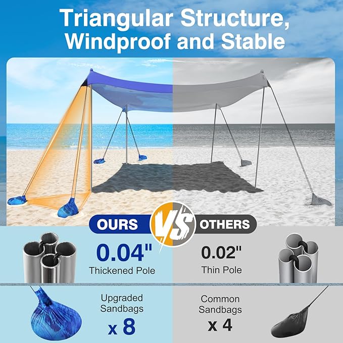 Rhino Valley Beach Tent Sun Shelter, 10x10FT Beach Canopy Tent Sun Shade UPF50+ Protection with 8 Sandbags 4 Stability Poles, Outdoor Beach Shade Canopy 6-8 People for Beach Camping Fishing