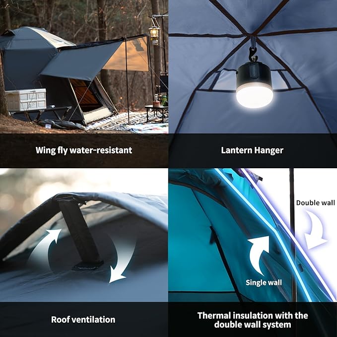 Pop Up Tents for Camping, Waterproof 4 Person Instant Tents Camping with Removable Rainfly, 2 Door 4 Mesh Windows Easy Setup Camping Tent, Included Moisture-Proof Mat