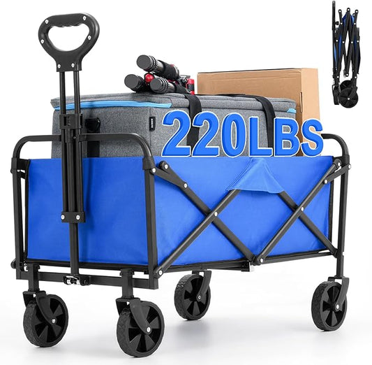 Collapsible Foldable Wagon,Wagons Carts Foldable with Wheels,Utility Grocery Folding Beach Wagon for Sand Garden Sports Shopping Outdoor(Lake Blue).
