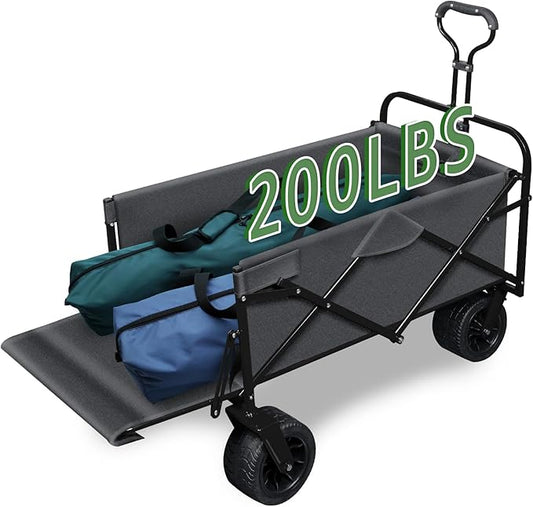 TAIFA Foldable Collapsible Wagons Cart with Extra Long Tailgate, Beach Portable Utility Wagon with Big Wheels and Brakes for Sand Shopping Camping Sports Outdoor, Black and Gray