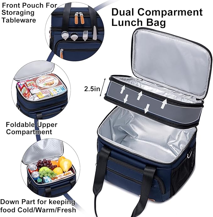 Weitars Insulated Lunch Box for Women Men-Dual Compartment Waterproof Reusable Large Lunch Bag Wide-Open Tote Cooler Bag for Working Picnic Hiking (15L) (Blue)