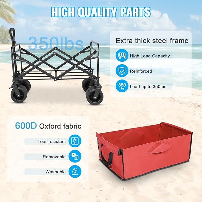 Beach Wagon,Collapsible Foldable Wagon Cart with Big Wheels,Utility Folding Grocery Lounge All Terrain Wagon with Side Pocket and Brakes for Sand Camping Sports Outdoor(Red).