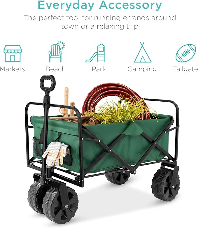 Best Choice Products 36in Collapsible Folding Utility Wagon, Multipurpose Indoor Outdoor Mobile Cart for Garden, Beach, Park, Shopping w/ 360-Degree Wheels, Adjustable Handle, 150lb Capacity - Green