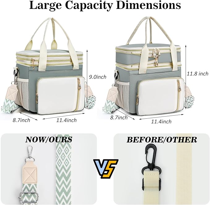 LOKASS Lunch Box for Women-16L-Insulated Lunch Bag Women, Expandable Double-layer Leakproof Cooler Bag with Upgrade Adjustable Shoulder Strap Ideal for Work/Travel/Picnics（Olive Green）