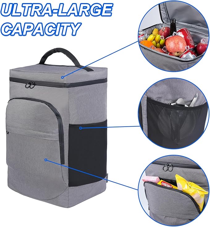 Cooler Bag Wheeled，Large Removable Insulated Rolling Cooler Collapsible Leakproof Portable Hard Framed Ice Packs for Camping Picnic Beach Travel（Gray）