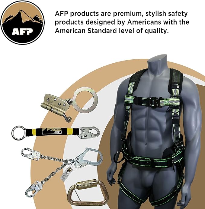 AFP Fall Protection Full-Body Premium Safety Harness, 8” Thick Support Belt, Aluminum D-Rings, Tongue Buckle (OSHA/ANSI PPE)