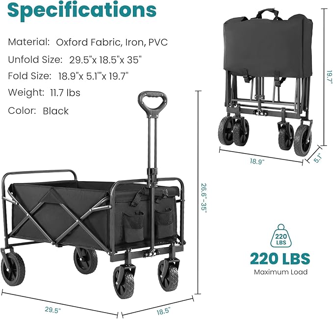 Sweetcrispy Collapsible Foldable Wagon Cart, Large Capacity Garden Beach Cart with All-Terrain Wheels, Heavy Duty Utility Grocery Wagon with Drink Holders for Shopping Sports Camping - 30IN Black