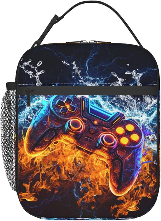 Video Game Controller Insulated Lunch Bag, Gaming Gadgets Lunch Box for Kids, Portable Reusable Zipper Fire and Water Game Lunch Box for Men Women School Work Travel