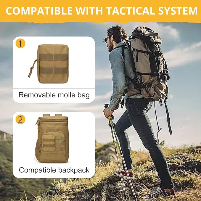 Tactical Lunch Box for Men, Insulated Lunch Bag MOLLE Webbing Leakproof, Cooler Large Lunchbox Women Adult with Adjustable Shoulder Strap Durable, Construction Heavy Duty Lunch Pail, Brown