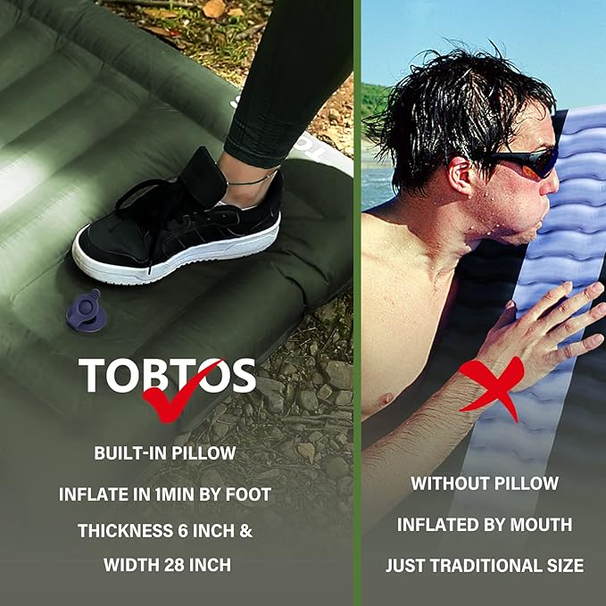 TOBTOS Inflatable Camping Sleeping Pad with Pillow, Thick 6 Inch Ultralight Sleeping Pad with Built-in Pump, Lightweight Sleeping Mat for Camping, Backpacking, Hiking, Tent (Green)