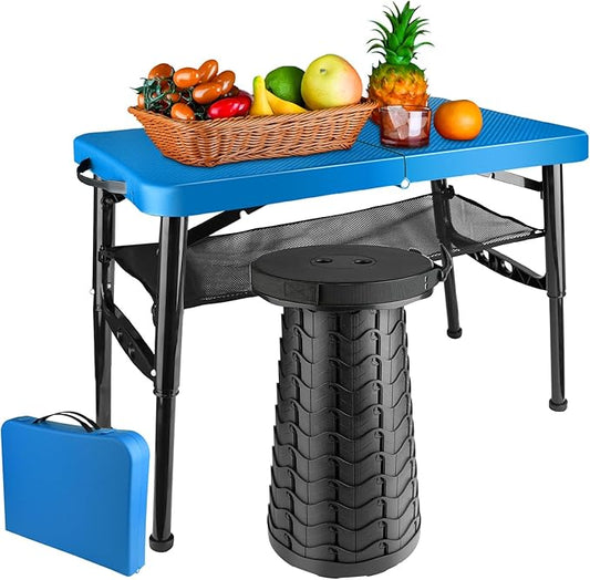 Portable Folding Table and Stool Set, Lightweight Foldable Table & Collapsible Stool for Camping Picnic Beach Fishing, Sturdy Small Outdoor Table with Mesh Layer Storage- Blue