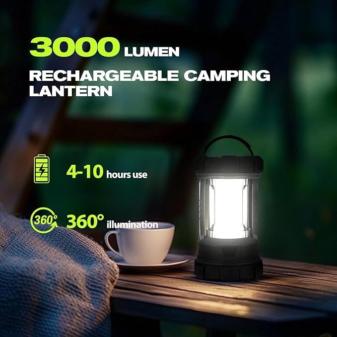 Camping Lantern, 3000LM LED Rechargeable Battery Operated Lantern, 5 Light Modes, COB Waterproof Lantern Flashlight, Camping Light for Power Outage, Hurricane, Survival, Hiking