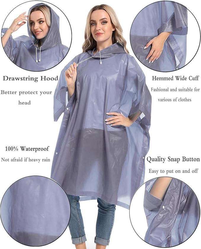 Reusable Rain Ponchos with Drawstring Hood for Adults, Waterproof Thicken Rain Coat, 2 Packs