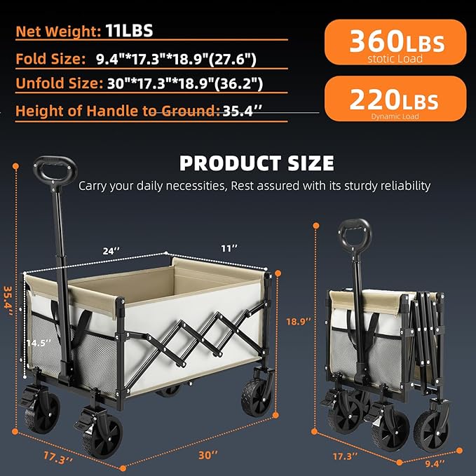 CAMTOP Collapsible Wagon Cart Foldable Wagon Portable Heavy Duty Folding Wagons with Braking Wheels Lightweight Outdoor Utility Wagon for Shopping, Sports, Camping, Garden, Grocery, Beach (Beige)